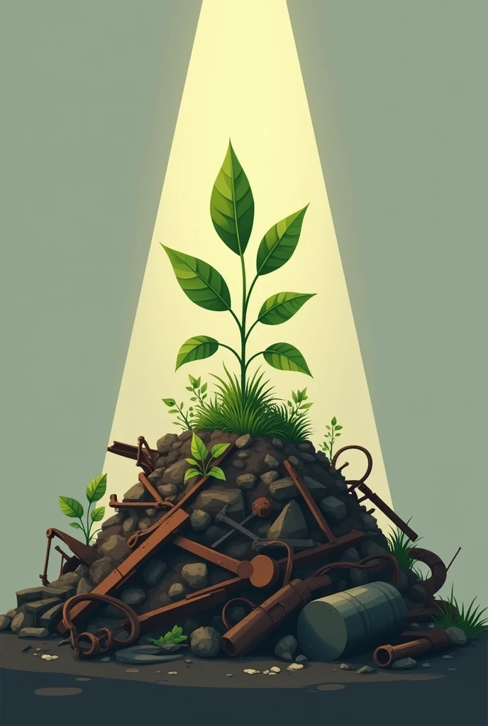 make a logo for a company like this: a plant growing in a pile of garbage and rusty metals and the plant on top has a spotlight, that the image is 2d and minimalist