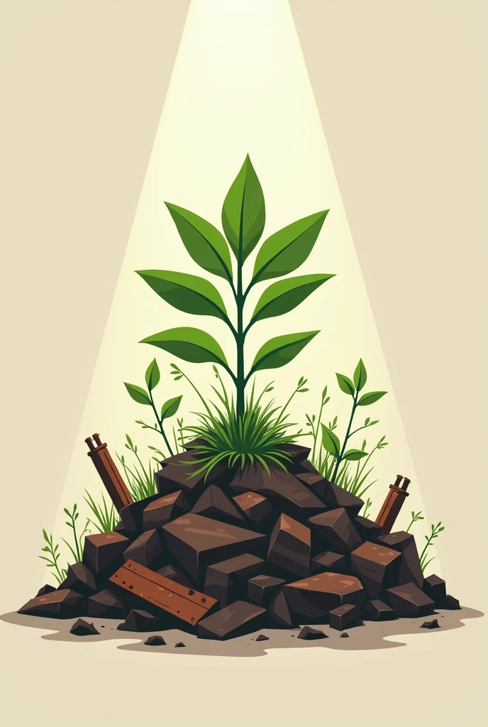 make a logo for a company like this: a plant growing in a pile of garbage and rusty metals and the plant on top has a spotlight, that the image is 2d and minimalist