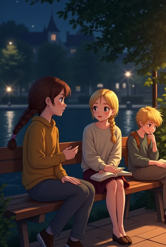 make a braid brown haired girl talking to a blonde girl on a wooden bench at night, next to a BLOND TEENAGE BOY reading quietly