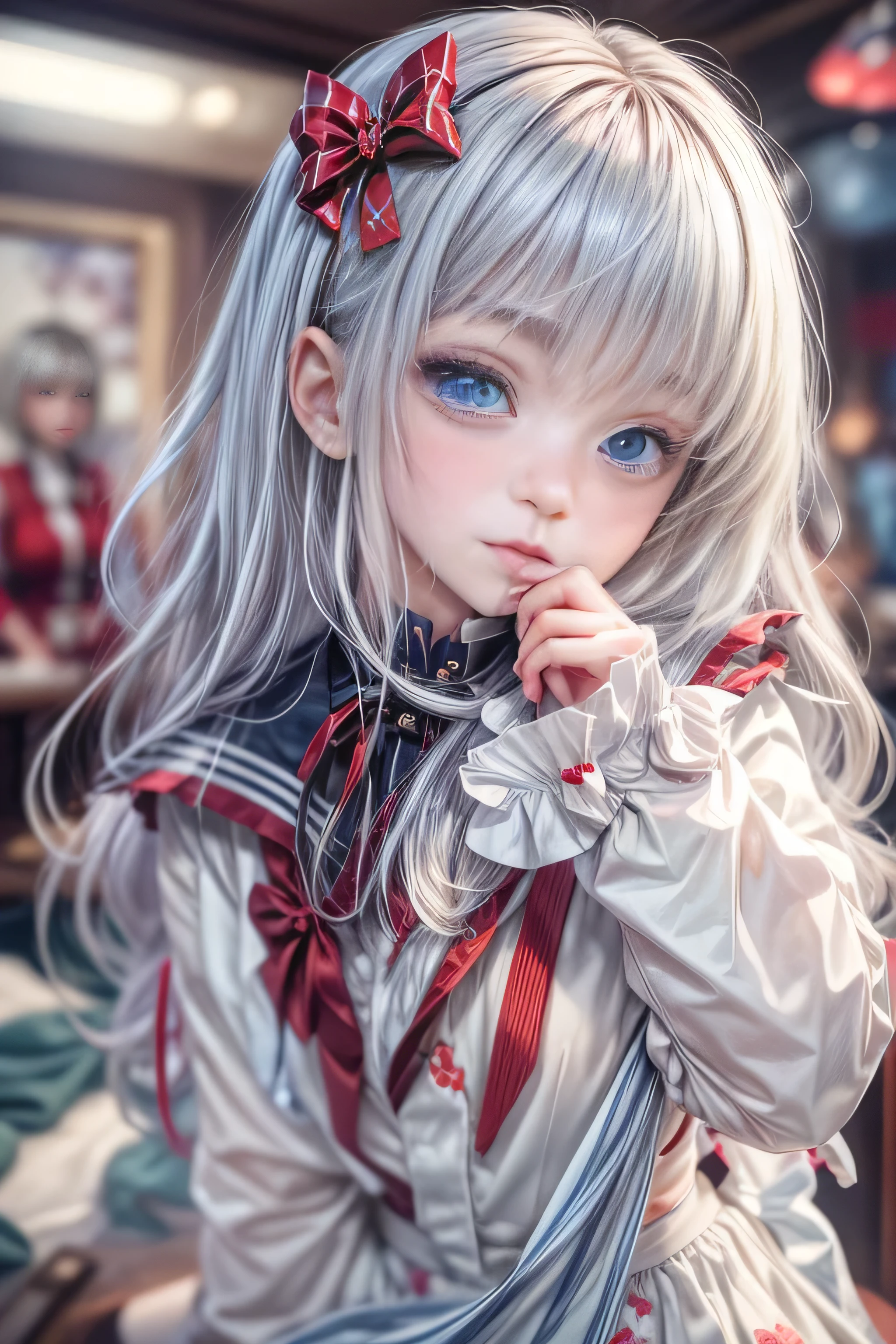 8k.Half Russian and half Japanese、ロシア人face、beautiful girl、princess、、小face、幼いface、Big eyes、Skinny、Small breasts、(((Silver Hair、Silver Hair)))、With bangs、(((High resolution big beautiful light blue eyes, )))、Shortcuts、Bobcut、((Sailor suit))、(((Red ribbon in hair、Floral decoration)))、Partially braided、Red bow tie、Portrait of a seamstress girl, Detailed and complex, face,