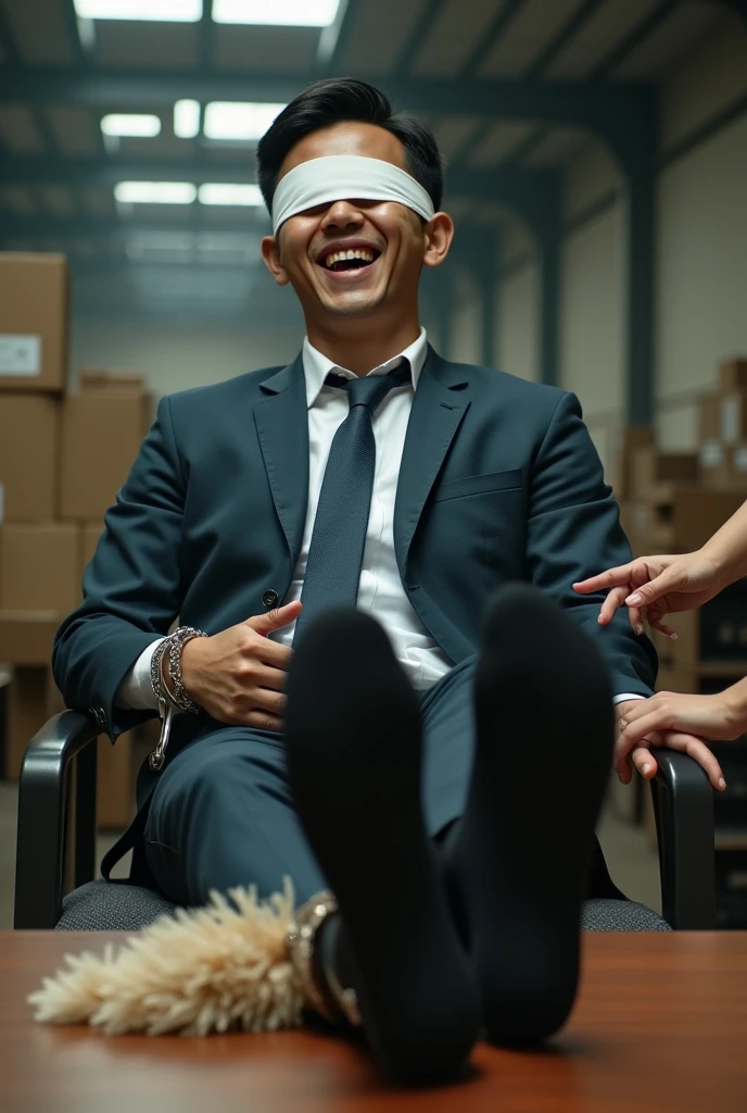 Malaysia malay handsome 22 years student
He laugh very hard
His hand handcuff in abondon warehouse
Blindfolded
handcuff
Formal Outfit
Focus feet on desk
feather duster on desk
Take off shoes on desk
Black sock
2 man holding feather duster
Focus Feather tickle feet