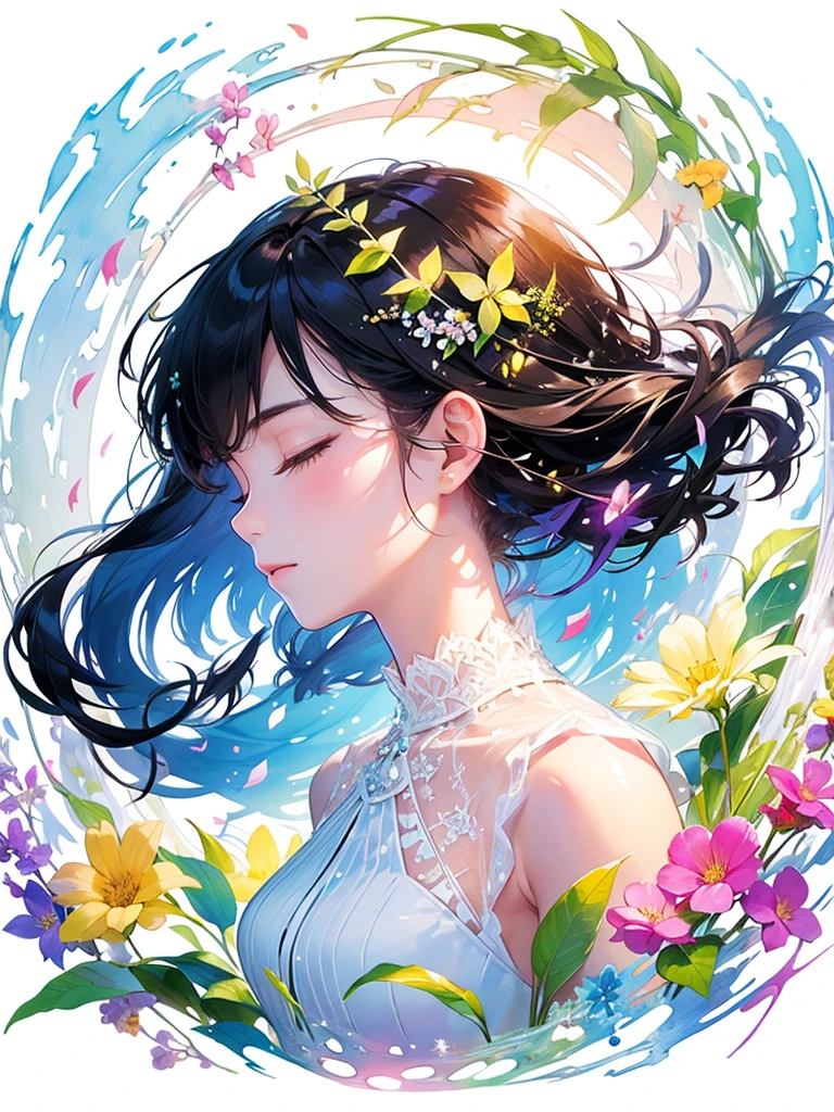 (masterpiece、Highest quality、Highest quality、Beautiful and beautiful:1.2)、Excellent anatomy、（Watercolor painting 1.5）、Long Shot、straight short hair images、Trendy Hair Color, Beautiful Face、Beautiful profile, Bow down and be quiet, I close my eyes and pray, Fairy, 蝶のFairyのコスチューム、Pure white、Pure、charm, Colorful flowers of different colors, Flower and leaf wind、Botanical Art,
