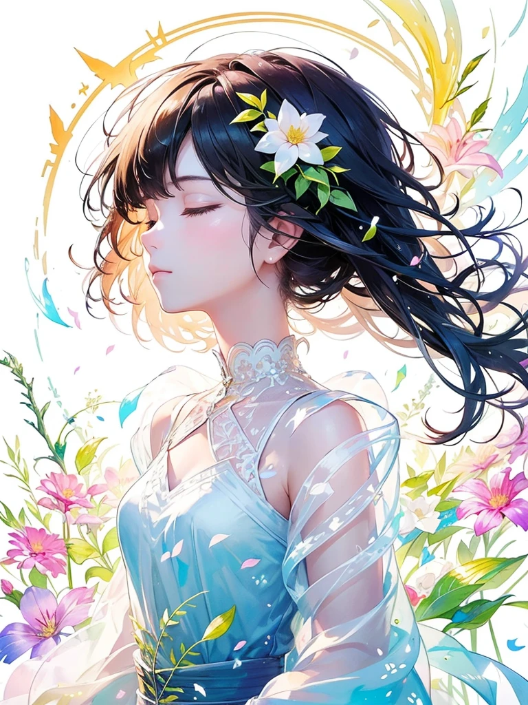 (masterpiece、Highest quality、Highest quality、Beautiful and beautiful:1.2)、Excellent anatomy、（Watercolor painting 1.5）、Long Shot、straight short hair images、Trendy Hair Color, Beautiful Face、Beautiful profile, Bow down and be quiet, I close my eyes and pray, Fairy, 蝶のFairyのコスチューム、Pure white、Pure、charm, Colorful flowers of different colors, Flower and leaf wind、Botanical Art,