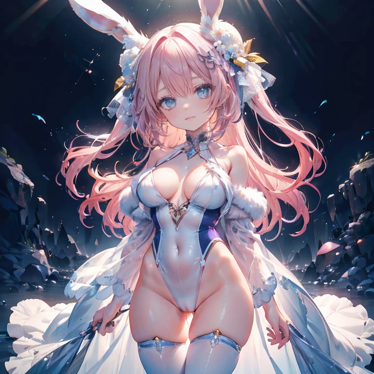 Anime Waifu beautiful detailed eyes, beautiful detailed lips, extremely detailed eyes and face, longeyelashes, 1girl, sensuous, young woman, medium breasts, beautiful feminine face, nice thighs, slim, sexly, erotic, beautiful clothes, perfect body, cinematic lighting and framing, (best quality,4K,8k,highres,masterpiece:1.2),ultra-detailed,digital painting,portrait,glamorous,highly detailed,soft lighting,warm color tones artwork, highest quallity,gorgeous eyes, cute hair, beautiful face, beautiful fur, standing alone, 1 girl, した乳head, anime girls, (all-body), curved, beautiful breasts,shining skin,glare eyes, soft skin, shining skin, soft skin, shining skin, (Purple slingshot swimsuit without shoulder embellishments, head, or abdomen.)、side bust, neckleace, bare feet, high-heels, (pink hair), (bare head:1.3), (bared shoulders:1.3), (bare clavicles:1.3), fake bunny ears, blue colored eyes, They are standing