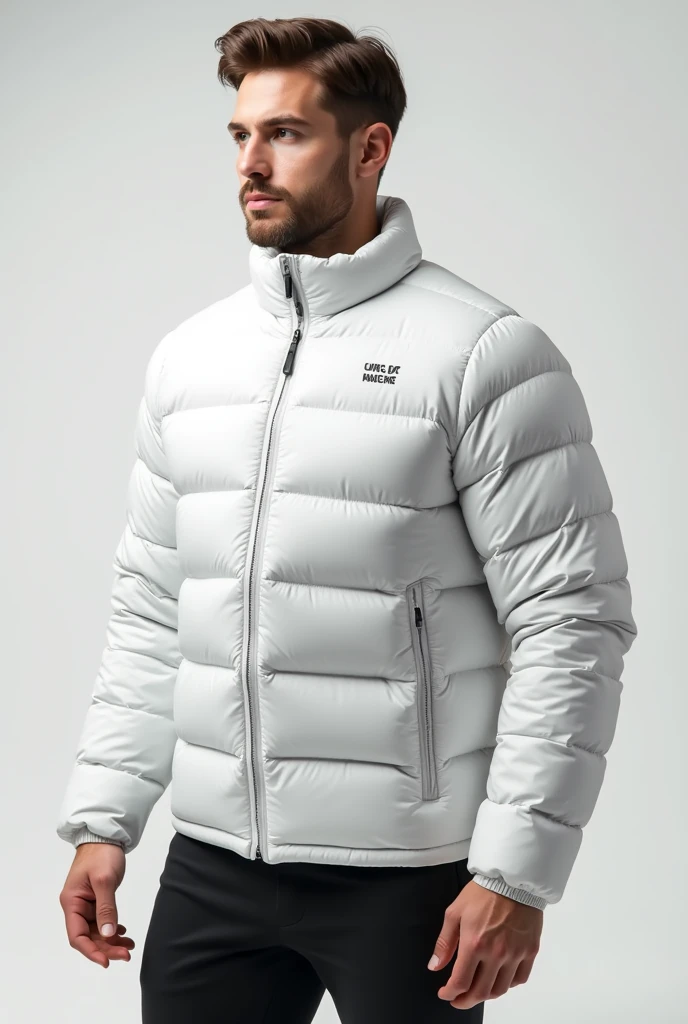 high-quality mockup of a Men's wearing Down Jacket white. in a front and back view, versatile, sporty apparel design, include a zipper closure, featherweight feel, and casual yet stylish design