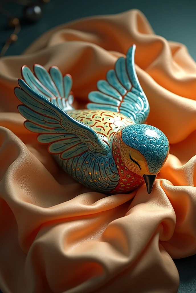 Talavera winged bird sleeping on silk, view from above