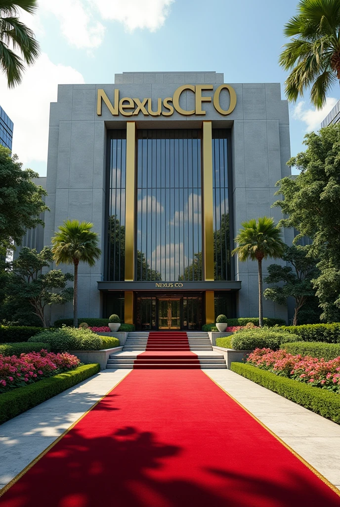 A luxurious, presidential standard company headquarters with the name NEXUS(CEO) on it and red carpet on entrance with Singaporean and America architecture,grass, flowers and on it's own space and compound where is the name NEXUS (CEO) can't see the words I want it more bold and exquisite where are the writing make it long on both left and right give full view and the extension let it be alone on it's big compound writings?