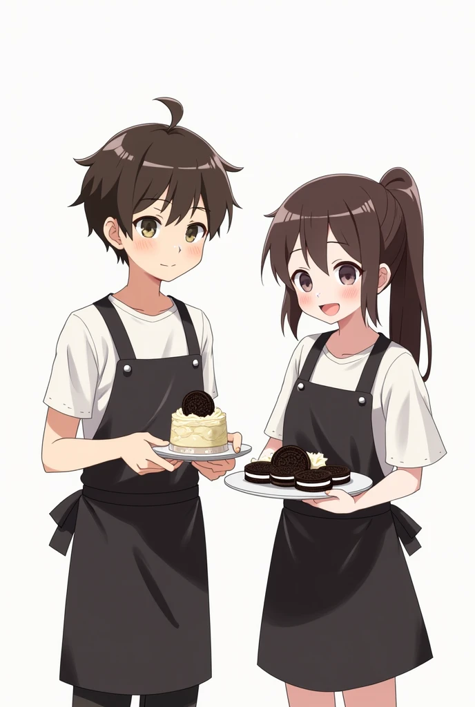 Boy in black apron holding a plate with OREO CREAM,Girl in black apron holding plate with oreo sandwich anime white background