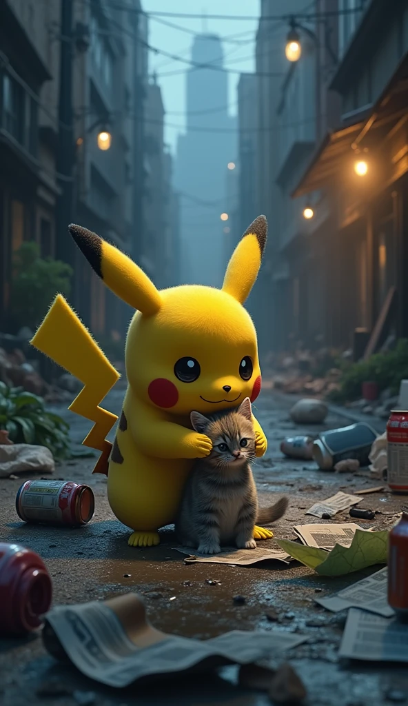 Pikachu with a lost kitten in a street filled with trash