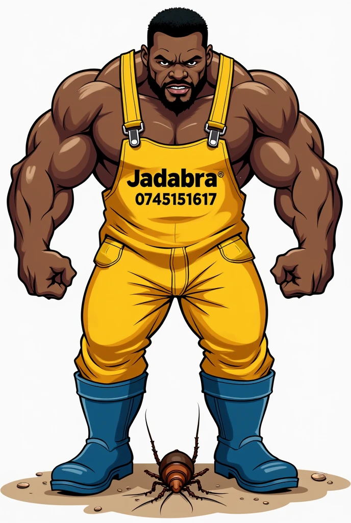 Create 5 powerful illustrations of a muscular African man pest controller in yello overall,with blue gumboots written on "JADABRA, crushing a cockroach. On the overall it's clearly written "JADABRA" and "0745151617" the man is directly staring at the cockroach. Be careful not to mistake each number of 0-7-4-5-1-5-1-6-1-7 each one of it should appear correctly 