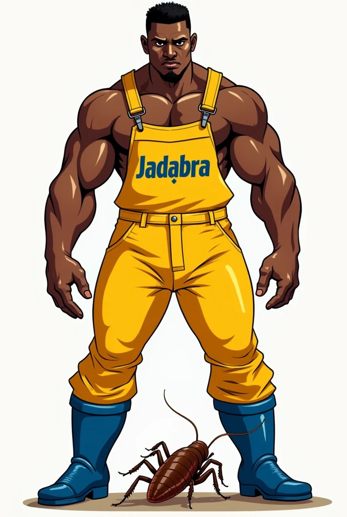 Create 5 powerful illustrations of a muscular African man pest controller in yello overall,with blue gumboots written on "JADABRA, in a wrestling ring verses a muscular cockroach. On the overall it's clearly written "JADABRA" and "0745151617" the man is directly staring at the cockroach.