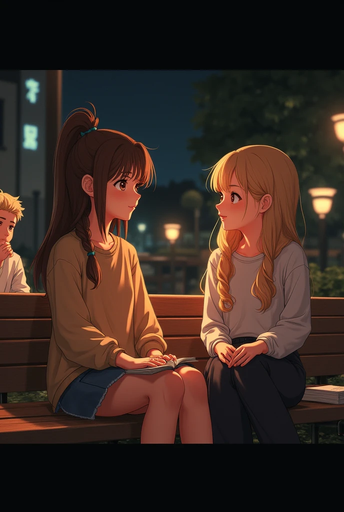 make a braid brown haired girl talking to a blonde girl on a wooden bench at night, next to a BLOND TEENAGE BOY reading quietly