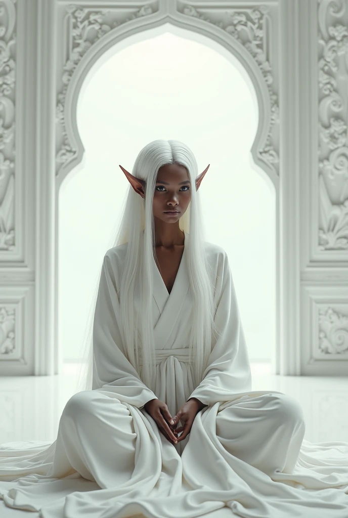 Black man. Brown skin. Elf. Long White hair. Dressed in Chinese style white robes. Sitting in a mansion. The mansion is covered entirely in white. Ultra high quality