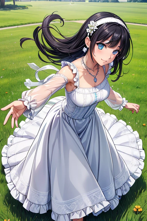 #Basics Girl posing for a photo, animeのcute少女, ((One Girl)), ((Baby Face:1.5)), ((cute:1.5)), (()),
break
#Clothing Accessories
((yellow sundress:1.2) : (Lace and frills adorned) + (High neck) + (Long sleeve) + (Floor Length + Long skirt:1.2)) + (White high heels) + (White headband) + (Red flower hair ornament),
((Blue gemstone earrings, Silver Necklace)),
break
#Features
((Black Hair:1.2)), ((Long side bangs)), ((Medium Hair) : Voluminous Hair + Straight hair + Hair blowing in the wind),
((Big eyes:1.4)), ((blue eyes)),
(Small breasts),
(White skin),
break
#background environment
((noon, A large lawn dazzling with sunlight, blue sky)),
#Facial Expression Pose
((smile)), ((Stand strong with your arms outstretched)),
#composition
((Angle from the front)), ((Cowboy Shot)),
break
#Body parts elements
(Slim figure),
(Symmetrical facial features),
(Detailed Hair, Beautiful Hair, Shiny Hair),
(double eyelid, Long eyelashes, Thin eyebrows:0.5),
(Detailed eyes), (Beautiful Eyes), (Sparkling eyes), Glitter Eyeliner,
(Human Ear),
(Beautiful Nose, Thin Nose),
(Glossy Lips, Beautiful Lips, Thick lips),
(Detailed skin, Textured skin, Beautiful Skin, Oily skin),
break
#quality
(((最高quality)), ((masterpiece:1.3)), ((Very detailed))), ((Ultra-high resolution)), ((16K)), ((1080P)), ((Full HD)),
((Anatomically correct)), ((Realistic)), (3DCG), ((oil)),
((comics, anime)), (CG illustration), (RAW Photos),