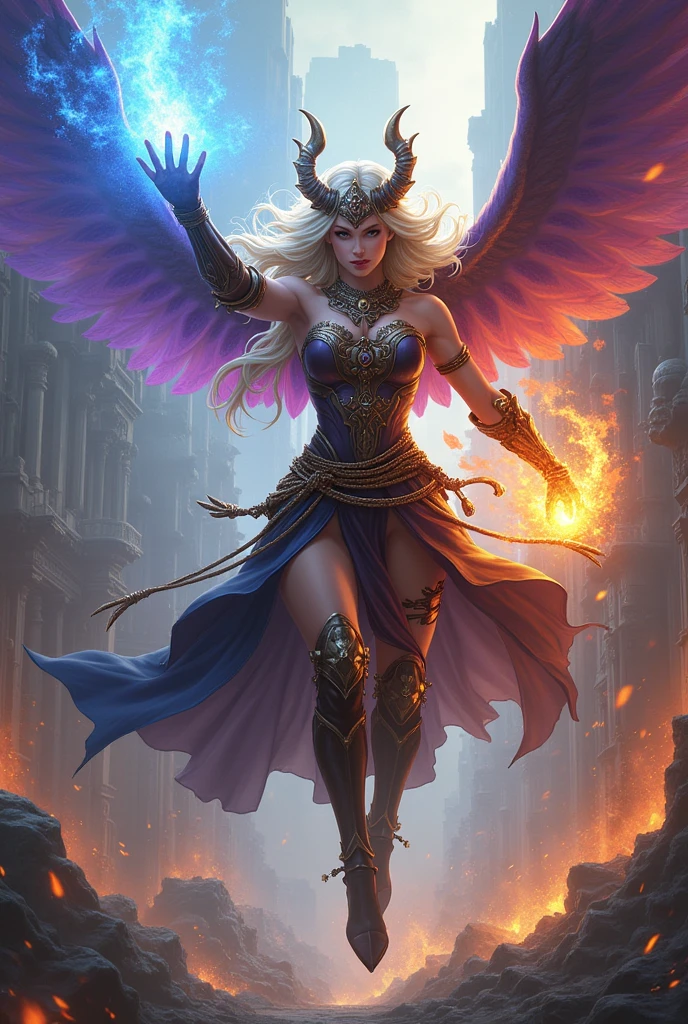 arafed high details, best quality, 16k, (ultra detailed: 1.5), masterpiece, best quality, (extremely detailed), dynamic angle, ultra wide shot, photorealistim, RAW, fantasy art, dnd art, fantasy art, realistic art, a wide angle picture of a female aasimar sorceress casting a fire spell, full body  (intense details, Masterpiece, best quality), D&D aasimar, exremley beautiful female aasimar, silver hair, long hair, wavy hair, dynamic eyes color, angelic eyes, radiant magical eyes, ultra detailed face (intense details, Masterpiece, best quality), spread angelic wings, white angelic wings (intense details, Masterpiece, best quality),  wearing [black] robe, wearing blue cloak, long cloak, flowing cloak with fire motifs (intense details, Masterpiece, best quality), armed with magical staff (intense details, Masterpiece, best quality), manipulating fire magical energy (intense details, Masterpiece, best quality), controlling lightning, dark fantasy magical tower background, evil temple background (intense details, Masterpiece, best quality), rpg portrait, FireMagicAI, feathered wings
