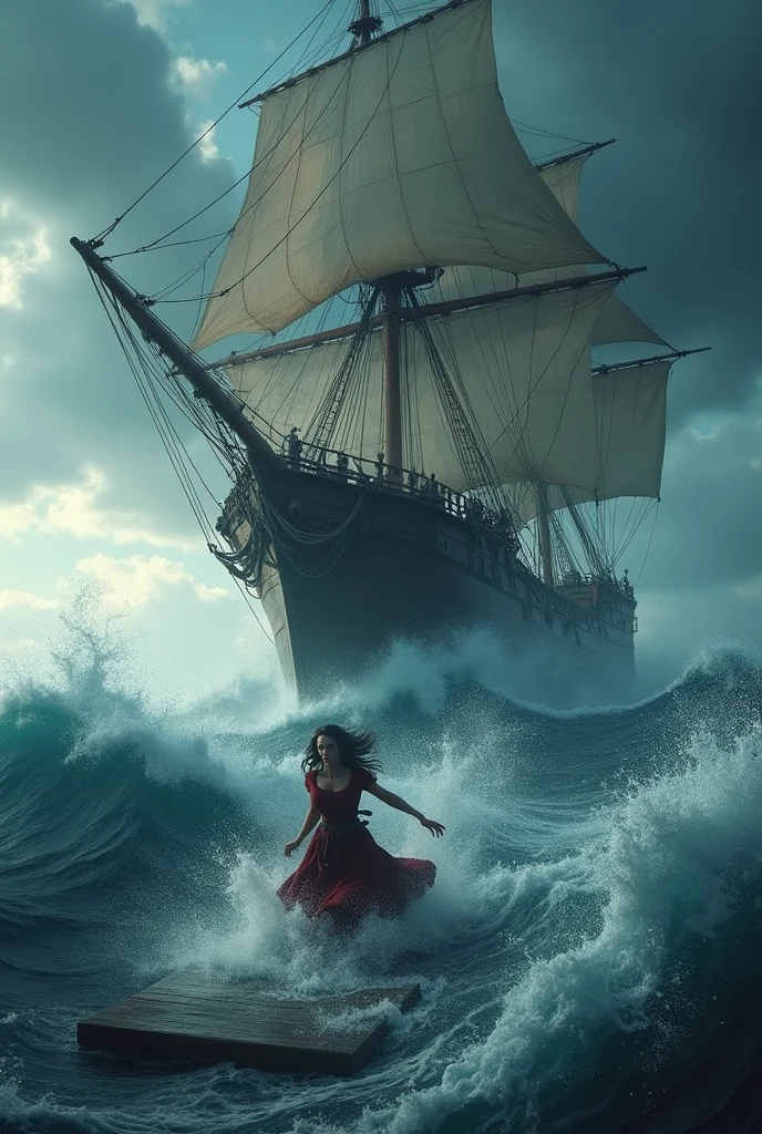 Large sailing boat, pirates trying to rescue a woman falling overboard, woman clinging to a plank, rough sea, crashing waves, raging storm, stunning seascape, dramatic lighting, gorgeous color tones, moody, cinematic, (Best quality, very detailed work, (realistic, photorealistic, realistic: 1.37)Dramatic lighting, cinematic composition, dramatic color palette, epic scale, powerful waves, turbulent waters, choppy skies, looming clouds.).