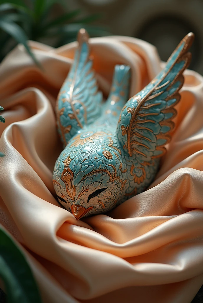 Talavera winged bird sleeping on silk, view from above 