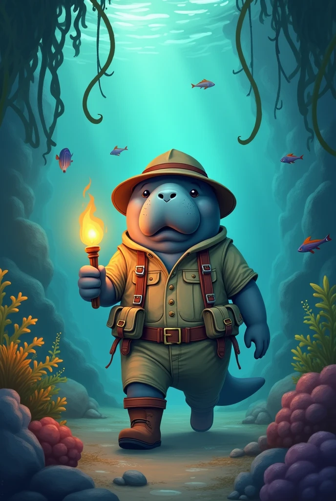 A 2D manatee in an explorer's outfit with a torch in his hand