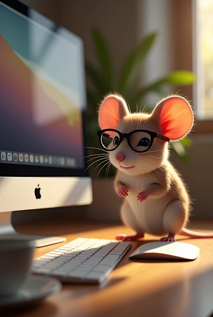 Cute and handsome mouse with glasses working on apple computer