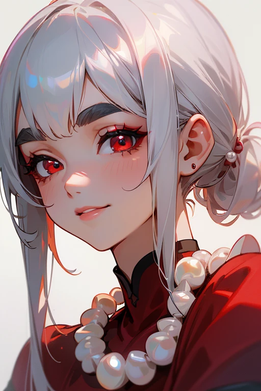 (Highest quality, masterpiece:1.2), High resolution, 最高masterpiece、Very detailed, Realistic:1.37, Fantasy, An illustration,Gray Hair、 Red eyes、Queen, Red dress、beautifully、Eyeshadow Red、Thick eyebrows、Long eyelashes、pupils are black、shiny on the lips、Top Sites、Queen、Princess、A kind smile、Soft impression、people々々々々々々Loved by、Slimming the face、Shoulder Bare、ponytail、Kissing Face、Long white hair、Shaggy Bangs、(Save face image).(Training camp)、(A kind smile)、(Background white)、((Pearl Necklace))