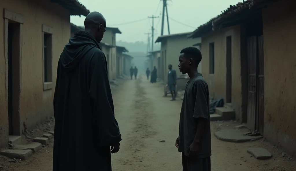 Une rue étroite et sombre du village miteux avec des maisons en terre. Matoko, un homme noir énigmatique vêtu d'une longue tunique noire, apparaît devant Assane un jeune homme noir et pauvre , son visage à moitié caché par l'ombre.