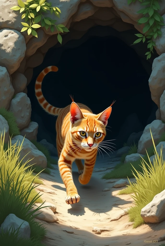 the cat running away to a cave