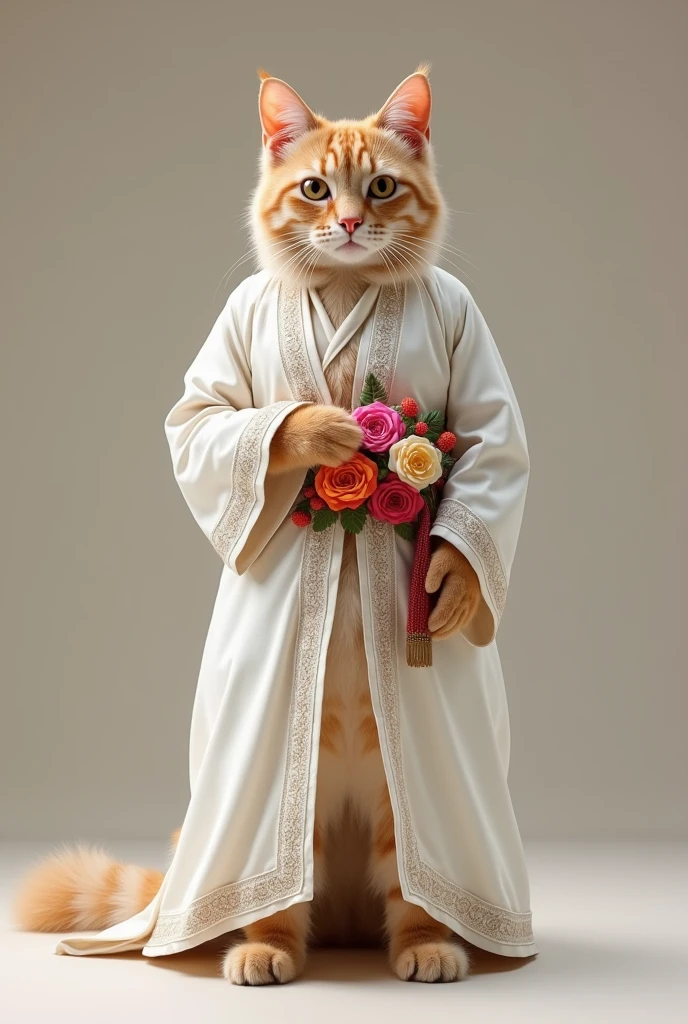 A Moroccan cat wearing a white traditional costume and a belt of colorful roses on her waist, real as in real life
