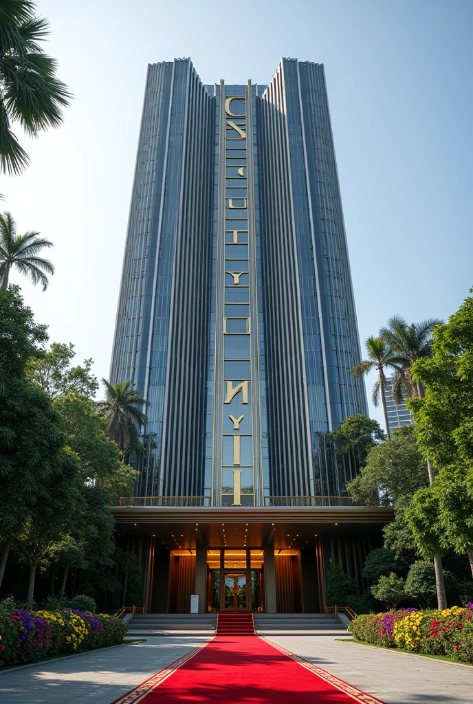 A luxurious, presidential standard company headquarters with the name NEXUS(CIIO) on it and red carpet on entrance with Singaporean and America architecture,grass, flowers and on it's own space and compound where is the name NEXUS (CIIO) can't see the words I want it more bold and exquisite where are the writing make it long on both left and right give full view and the extension let it be alone on it's big compound writings?