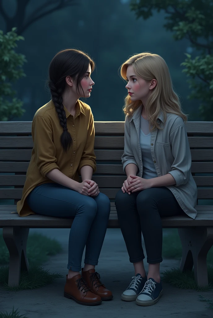make a side braid brown hair girl, talking to a blonde girl on a wooden bench at night