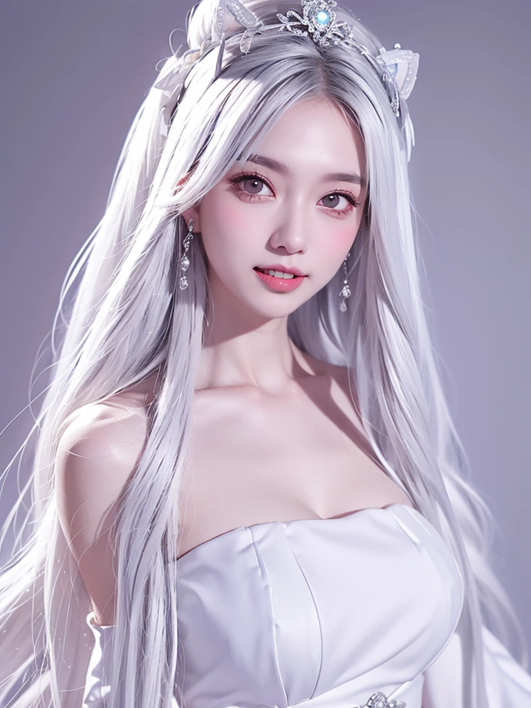 One girl, Long Hair、White Hair、Silver Hair．jagged teeth．
Princess Teresa，White skin, large breasts, Pointy Ears, Blushing, masterpiece, とてもLong Hair, Gray Hair, Hime cut, Sparkle Effect, Background blur, Princess in a white dress、Big Breasts