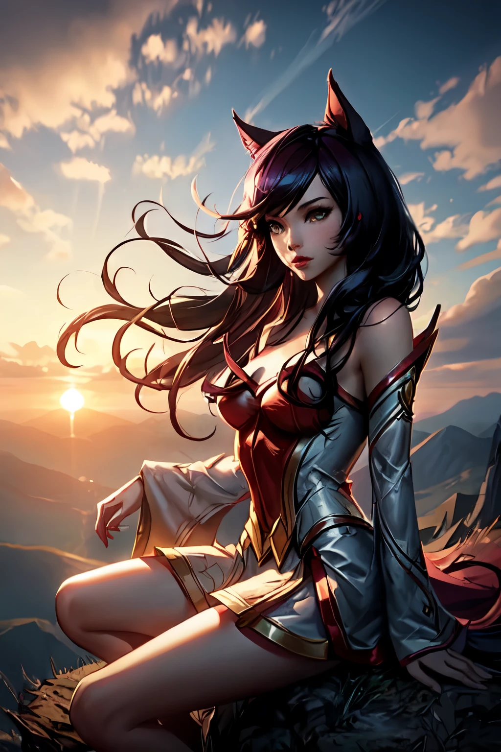 Ahri league of legends, super detaill, high resolution, 8k, Overview, on the edge of a mountain, with the sunset