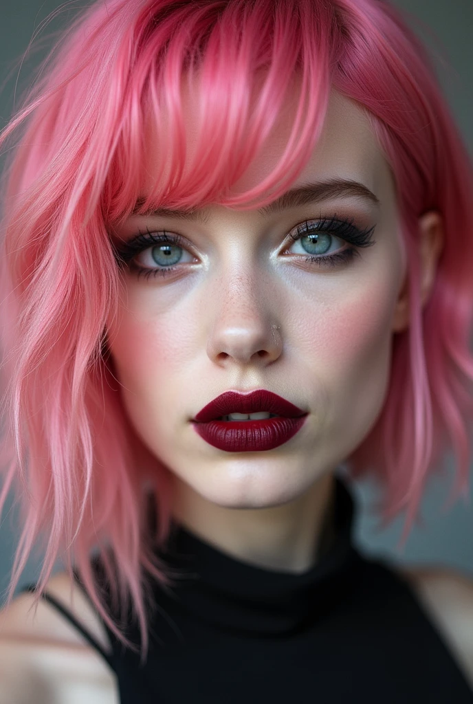 She appeared to be around twenty years old, the vibrant hue of her hair—a stunning shade of pink that effortlessly stood out from others.

It was a bold and unconventional choice that perfectly complemented her unique style.
 her face her striking black eyes, which seemed to hold a depth of the ocean.

The young woman’s makeup further accentuated her features, creating an alluring contrast against her pale white complexion.

Her choice of dark red lipstick added a touch of elegance and confidence, drawing attention to her lips.

The combination of her unconventional hair color, captivating eyes, and carefully applied lipstick gave her an enhanced and charismatic appearance.