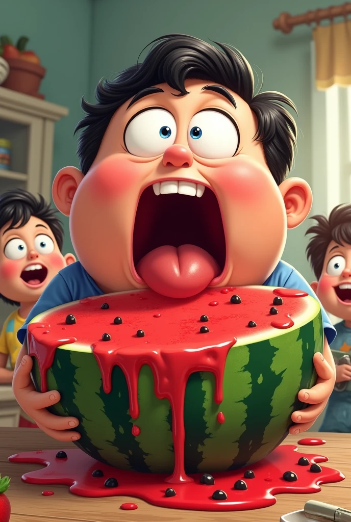 caricature of a fat boy eating a large watermelon all by himself, his eyes bulging, his mouth wide open, dirty with the red juice of the watermelon, kitchen in the background and children watching him laughing