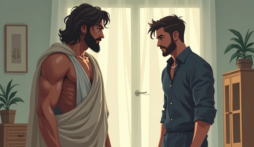 
A young, handsome Stoic philosopher with tanned skin, a short and well-trimmed beard, and wavy, well-styled hair is in a conversation with a figure representing a toxic relationship. There is a visible line or barrier between them, symbolizing the clear and firm boundaries being set. The philosopher is depicted in a stance of assertiveness and resolve, while the toxic figure appears to be moving away. The background should reflect an environment of clarity and inner peace, such as a neatly organized and clean space, emphasizing the process of establishing boundaries and creating space for positive connections.