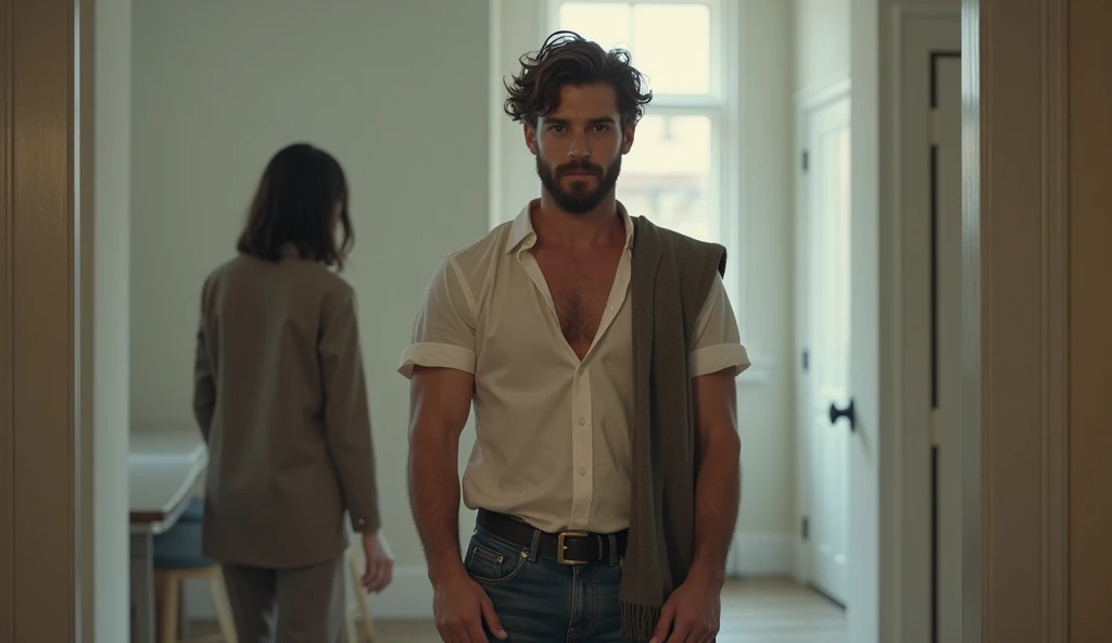 
A young, handsome Stoic philosopher with tanned skin, a short and well-trimmed beard, and wavy, well-styled hair is in a conversation with a figure representing a toxic relationship. There is a visible line or barrier between them, symbolizing the clear and firm boundaries being set. The philosopher is depicted in a stance of assertiveness and resolve, while the toxic figure appears to be moving away. The background should reflect an environment of clarity and inner peace, such as a neatly organized and clean space, emphasizing the process of establishing boundaries and creating space for positive connections.