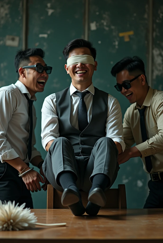 Malaysia malay handsome 22 years student
He laugh very hard
His hand handcuff in abondon warehouse
Blindfolded
handcuff
Formal Outfit
Focus feet on desk
feather duster on desk
Take off shoes on desk
Black sock
2 man holding feather duster
Focus 2 man tickle his feet using feather