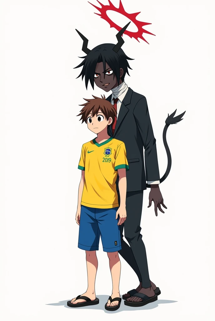 A pale anime man with a tired appearance, short messy brown hair, tired black eyes with Japanese descent. Wearing a yellow and blue Brazilian shirt from the 2019 Olympics and typical Brazilian blue shorts, black havaianas flip flops, standing in front of a completely white background. Detailed with full 8k quality. A half-demon man behind him, black hair and skin, bandages around the neck, wearing a fancy suit, a red halo shaped like stars above the head.