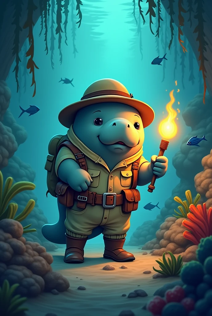 A 2D manatee in an explorer&#39;s outfit with a torch in his hand 