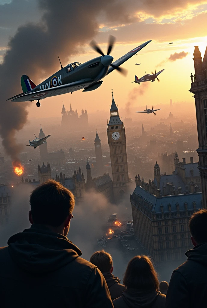 British Spitfire fighters engage in aerial combat against German bombers over London. British civilians in air raid shelters.