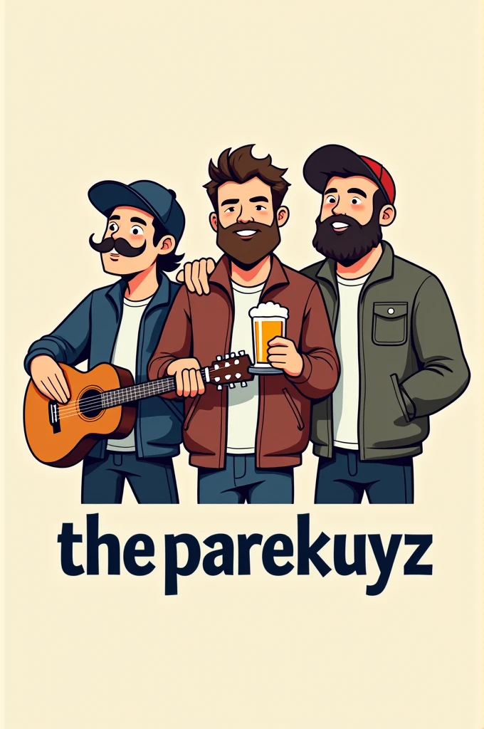logo of three friends, one is holding a glass of beer with a snapback cap and the other is holding a guitar and below the logo is the lettering the parekuyz
