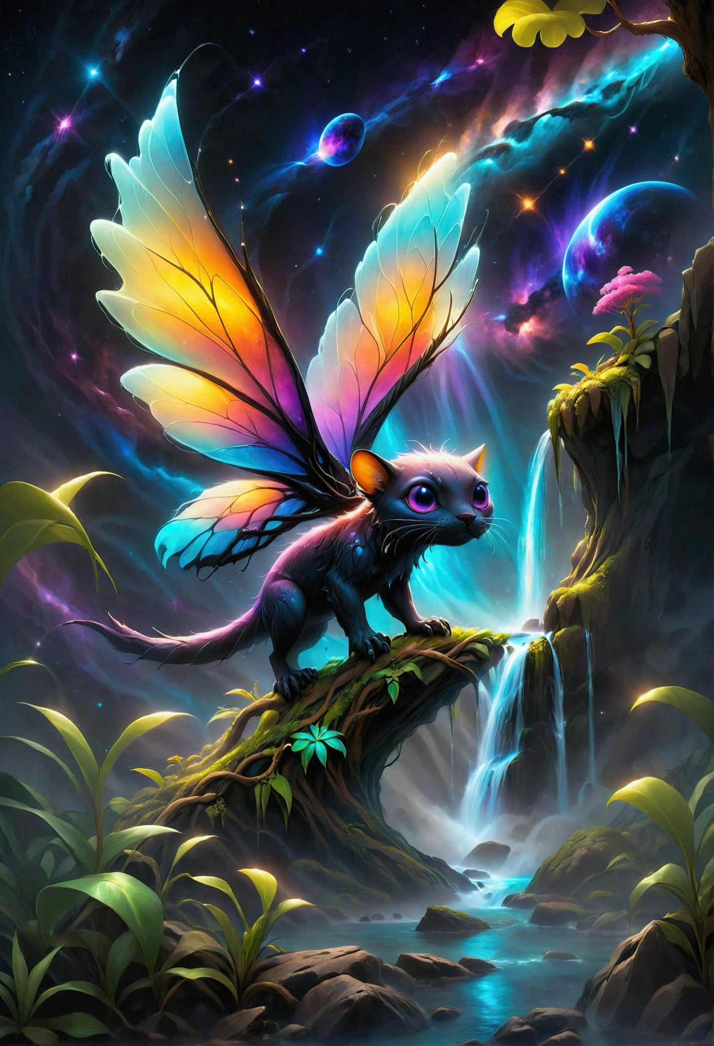 Imagine an enormous tree made entirely of shimmering crystal, its branches stretching high into the sky and reflecting the light like a prism. The tree is rooted in a floating island of black marble, suspended in space with stars and galaxies swirling around it. The leaves are composed of glowing, ethereal energy, shifting colors from deep blues to vibrant purples. Nestled among the branches are strange, bioluminescent creatures, unlike any known species, with translucent wings and radiant eyes. Below, a waterfall of liquid light cascades from the island, forming a river of luminescent mist that drifts into the cosmic void. The overall scene combines elements of fantasy, science fiction, and surrealism, evoking a sense of awe and wonder."