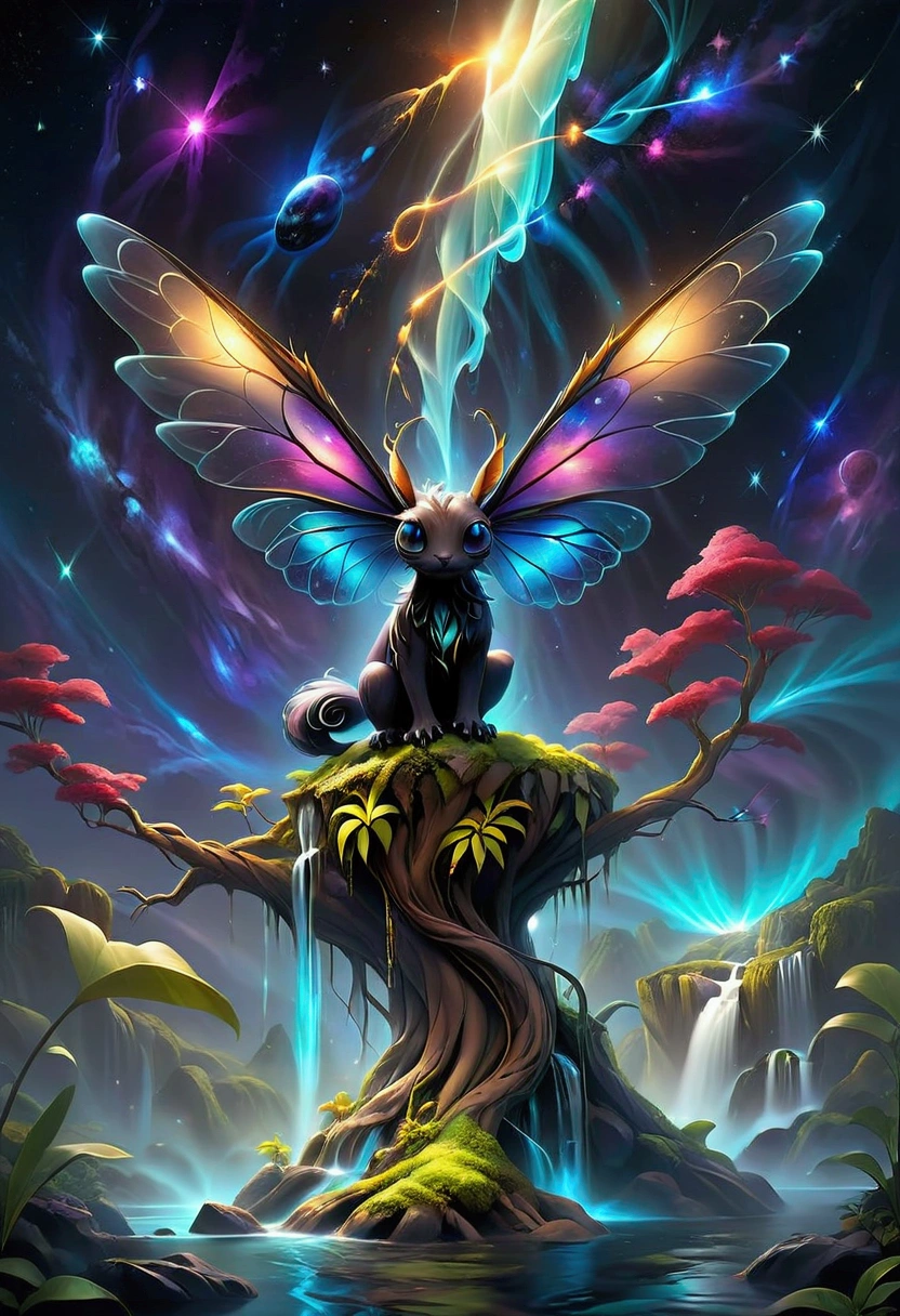 Imagine an enormous tree made entirely of shimmering crystal, its branches stretching high into the sky and reflecting the light like a prism. The tree is rooted in a floating island of black marble, suspended in space with stars and galaxies swirling around it. The leaves are composed of glowing, ethereal energy, shifting colors from deep blues to vibrant purples. Nestled among the branches are strange, bioluminescent creatures, unlike any known species, with translucent wings and radiant eyes. Below, a waterfall of liquid light cascades from the island, forming a river of luminescent mist that drifts into the cosmic void. The overall scene combines elements of fantasy, science fiction, and surrealism, evoking a sense of awe and wonder."