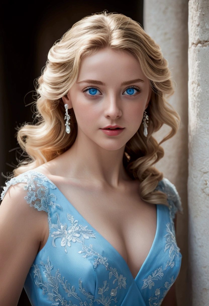 (8k, CRU photo, highest quality) (((full body shot:1.3))), (((blue eyes:1.5))), blonde woman wearing a European-style dress, with her entire body fully visible within the frame. She should have long, curly hair. Dress her in a simple, elegant European dress in a shade of blue. Her expression should be relaxed and happy, highlighting the detailed elements of her attire. The background should be completely white, with no scenery or landscape, only a plain white background. (((dynamic pose:1.3))), ((movement pose:1.2))), soft lighting, cinematic lighting, realistic skin, ((pores)), ((high detail skin)), light volumetric, hyper-realistic, vivid details, clear as crystal, 8K UHD, ultra photo realism, best quality, work of art, extremely detailed CG, unity, wallpapers (realistic, photorealistic: 1.37), shining, fine-details, correct body structure, (((Depth of field:1.5))), (((atmospheric perspective:1.4)))