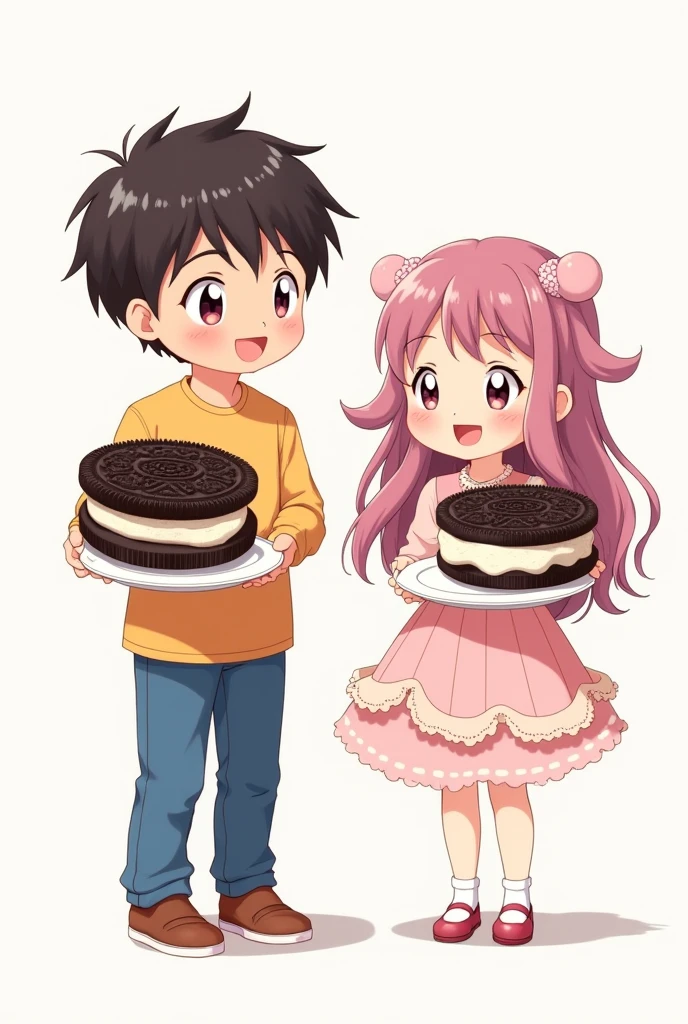 Boy holding a plate with oreo cream,girl holding a plate with oreo sandwich anime white background
