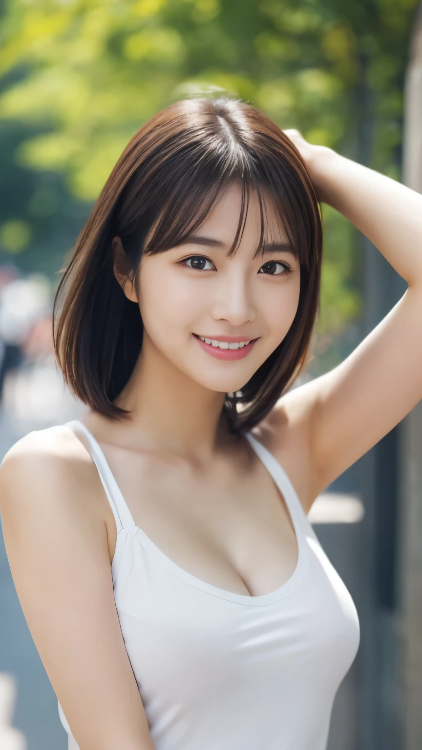 1 girl, (White tank top、The clothes are see-through、Protruding nipples:1.1、Cleavage), Beautiful Japanese actresses, (RAW Photos, highest quality), (Realistic, Photorealistic:1.4), masterpiece, Very delicate and beautiful, Very detailed, wonderful, finely, Very detailed CG Unity 8k wall paper, Very detailed, High resolution, Soft Light, Beautiful detailed girl, Very detailed eye and face, Beautiful and detailed nose, Beautiful and detailed, looking at the camera, Perfect Anatomy, Slender body, smile, ((Hands behind head)), ((short hair)),