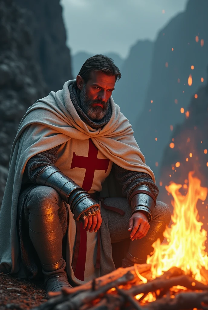 a templar knight with white cloak and red cross on his chest, resting at the bonfire, high quality, artwork,, incredible lighting, illustration, cinematic light:1.1, perfect shading