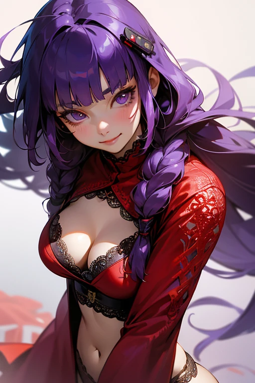 1 person, Blunt bangs, Braiding, Wide sleeves, hair ornaments,Obi says, (Purple Hair:1.2), Very long hair, Straight hair, Looking at the audience, Highly detailed background, (Realistic:1.2), Beautiful Eyes, Red eyeshadow, thigh, (Urzan-6500:0.7), Upper Body, (alone:1.2), (Cyberpunk City:1.1), Cleavage,,Glowing Skin、(Navel exposed).((Face close-up))、((smile))、(Red lace costume).