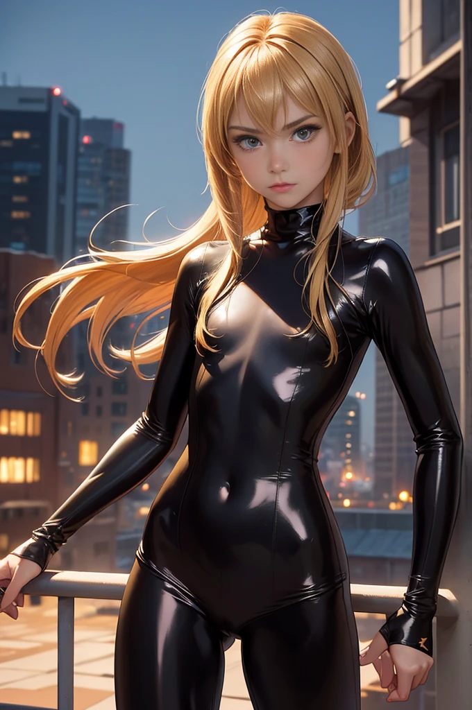 ((masterpiece, extremely realistic, photo-realism, extremely precise in every detail, best quality, beautiful detailed glow, beautiful attention to detail)), a girl, 12-years-old, skinny body, (flat chest:1.4), (wearing decorated glossy dark-orange catsuit), on the Rooftop of a building, ((she is fighting her enemy:1.1)), (blonde twin-tail hair), alice, heroic thrust-kick, day time