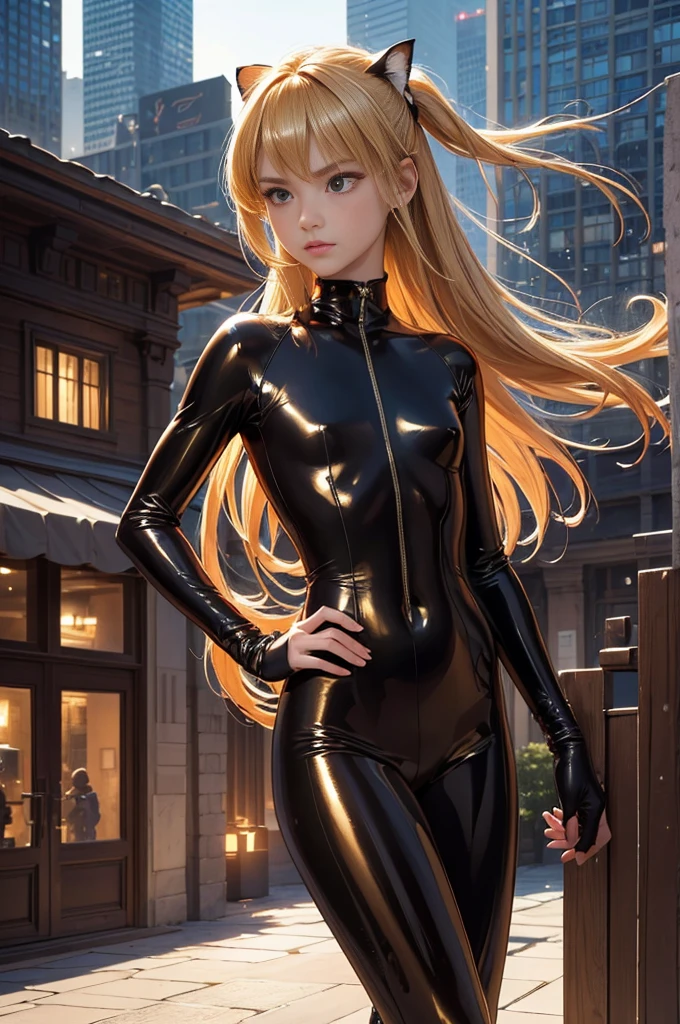 ((masterpiece, extremely realistic, photo-realism, extremely precise in every detail, best quality, beautiful detailed glow, beautiful attention to detail)), a girl, 12-years-old, skinny body, (flat chest:1.4), (wearing decorated glossy dark-orange catsuit), on the Rooftop of a building, ((she is fighting her enemy:1.1)), (blonde twin-tail hair), alice, heroic thrust-kick, day time