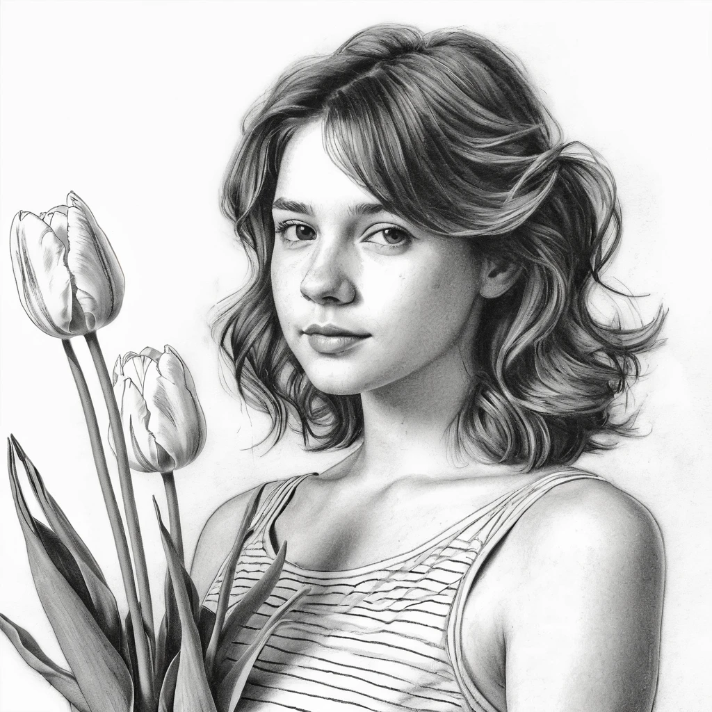 a girl in a sundress, defined black lines, 1 girl, solo, holding tulips, simple background, white background, monochrome, lineart, ((sketch)), ((high quality, masterpiece:1.4)), upper body portrait, messy charcoal sketch, unfinished drawing, sketchbook charcoal style drawing, beautiful hair, medium short hair, beautiful and symmetrical face, ((paper material background)), realistic charcoal lines, imperfect drawing, charcoal crumbs, fading sketch, sQueratogray Sketch (eddiemauro-mix)